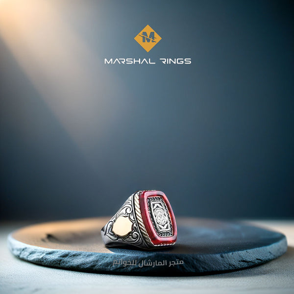 خاتم فضة رجالي 925 مرصع بحجر فاخر يحمل نقش خاتم النبي سليمان عليه السلام - متجر المارشال للخواتم الرجالية 1