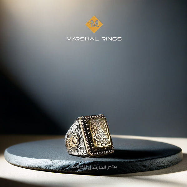 خاتم فضة رجالي 925 مرصع بحجر كهرمان بنقش الطغراء العثمانية، مع نقش شعار الدولة العثمانية على الجانبين - متجر المارشال للخواتم الرجالية 1