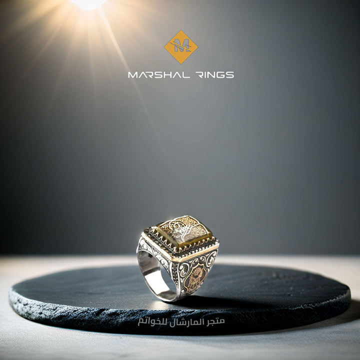 خاتم فضة رجالي 925 مرصع بحجر كهرمان بنقش الطغراء العثمانية، مع نقش شعار الدولة العثمانية على الجانبين - متجر المارشال للخواتم الرجالية 2