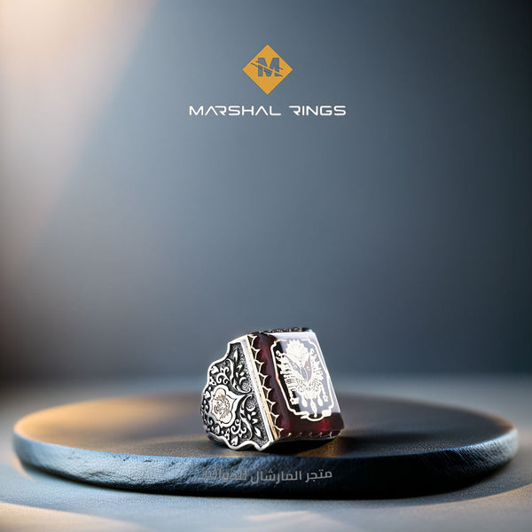 خاتم فضة رجالي 925 مرصع بحجر الكهرمان الأحمر منقوش يدوياً مزين بطغراء عثمانية  - متجر المارشال للخواتم الرجالية 1