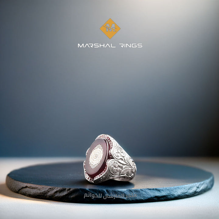 خاتم فضة رجالي 925 مرصع بحجر الكهرمان الناري مزين بنقش سورة الإنشراح - متجر المارشال للخواتم الرجالية 1