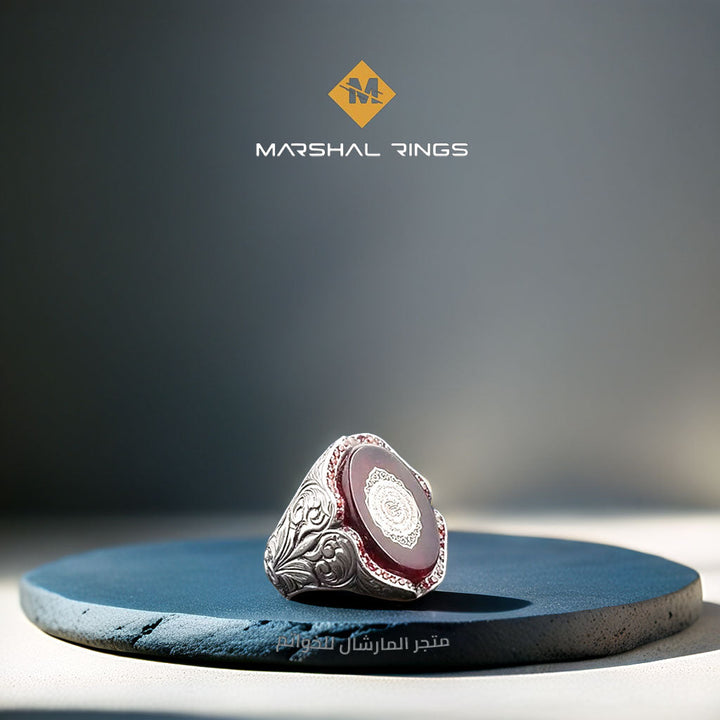 خاتم فضة رجالي 925 مرصع بحجر الكهرمان الناري مزين بنقش سورة الإنشراح - متجر المارشال للخواتم الرجالية 2