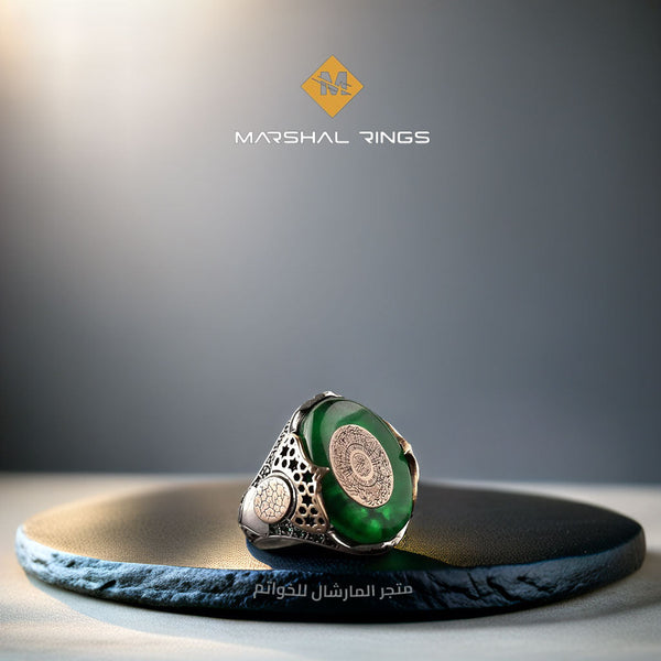 خاتم فضة رجالي 925 مرصع بحجر الكهرمان الناري مع نقش سورة الفاتحة يدوياً - متجر المارشال للخواتم الرجالية 1