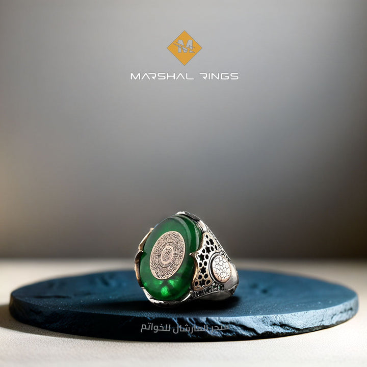 خاتم فضة رجالي 925 مرصع بحجر الكهرمان الناري مع نقش سورة الفاتحة يدوياً - متجر المارشال للخواتم الرجالية 2