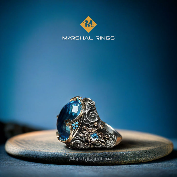 خاتم فضة رجالي ملكي 925 بحجر أكوامارين أزرق - متجر المارشال للخواتم الرجالية 1