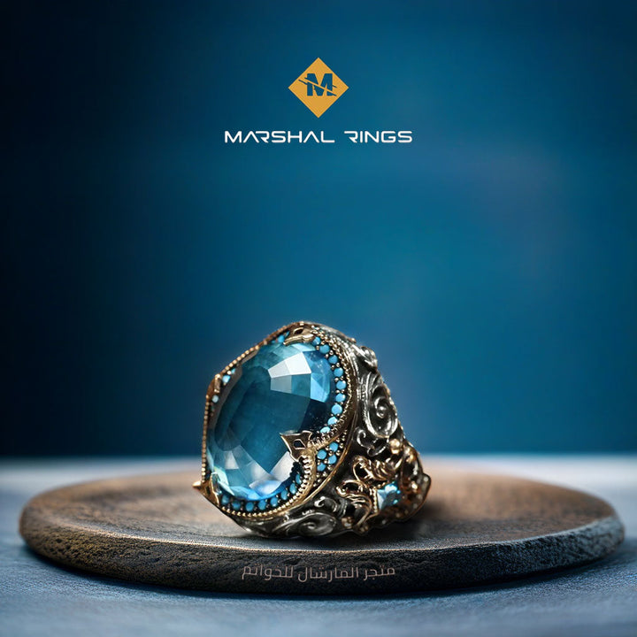خاتم فضة رجالي ملكي 925 بحجر أكوامارين أزرق - متجر المارشال للخواتم الرجالية 2