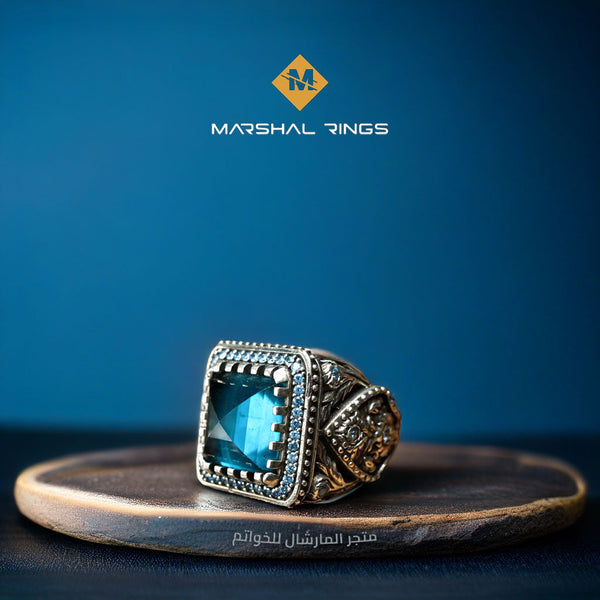 خاتم فضة رجالي مربع 925 بحجر أكوامارين - تصميم عصري - متجر المارشال للخواتم الرجالية 1