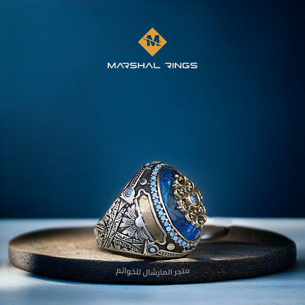 خاتم فضة رجالي ملكي 925 بحجر أكوامارين - تصميم زخرفي - متجر المارشال للخواتم الرجالية 1