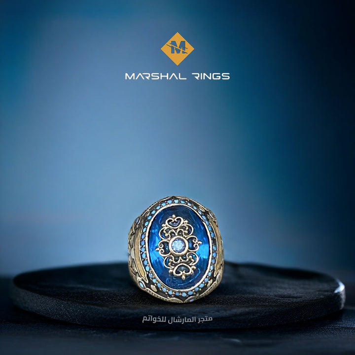 خاتم فضة رجالي ملكي 925 بحجر أكوامارين - تصميم زخرفي - متجر المارشال للخواتم الرجالية 2