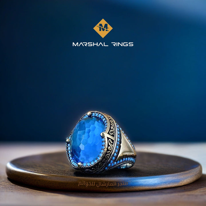 خاتم فضة رجالي 925 بحجر أكوامارين طبيعي - متجر المارشال للخواتم الرجالية 1