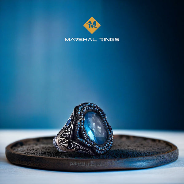 خاتم فضة رجالي فاخر 925 بحجر أكوامارين الأزرق - متجر المارشال للخواتم الرجالية 1