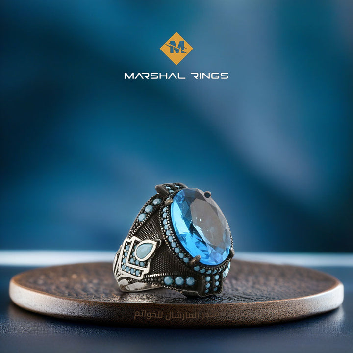 خاتم فضة رجالي مهيب 925 بحجر أكوامارين فاخر - متجر المارشال للخواتم الرجالية 1