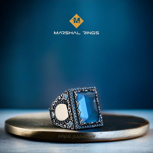 خاتم فضة رجالي أنيق 925 بحجر أكوامارين مربع - متجر المارشال للخواتم الرجالية 1