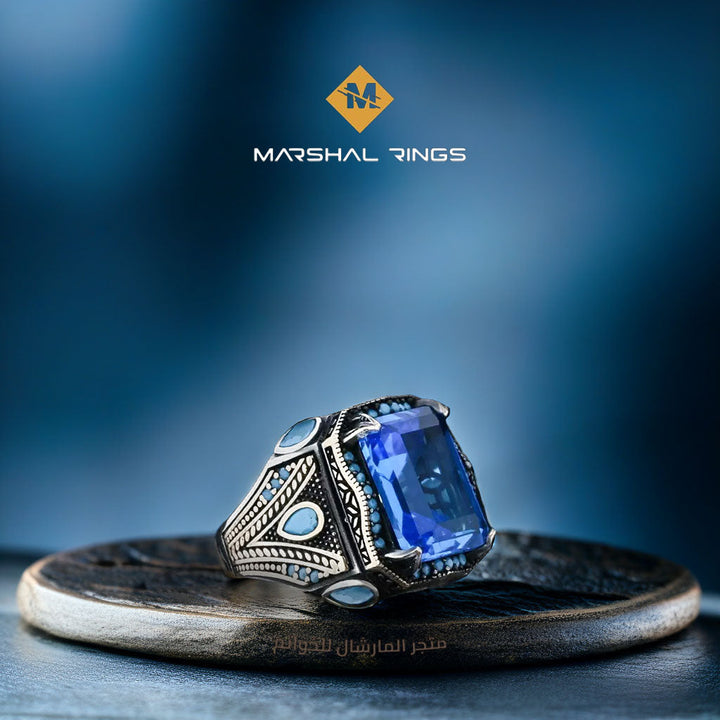 خاتم فضة رجالي أنيق 925 بحجر أكوامارين مربع - تصميم عصري - متجر المارشال للخواتم الرجالية 1