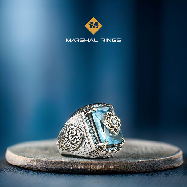 خاتم فضة رجالي كلاسيكي 925 بحجر أكوامارين - متجر المارشال للخواتم الرجالية 1