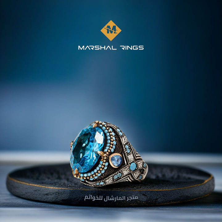 خاتم فضة رجالي فاخر 925 بحجر أكوامارين - تصميم مميز - متجر المارشال للخواتم الرجالية 1