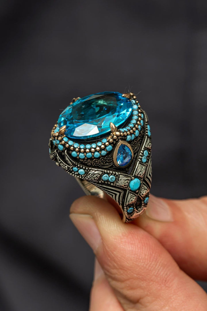 خاتم فضة رجالي فاخر 925 بحجر أكوامارين - تصميم مميز - متجر المارشال للخواتم الرجالية 2