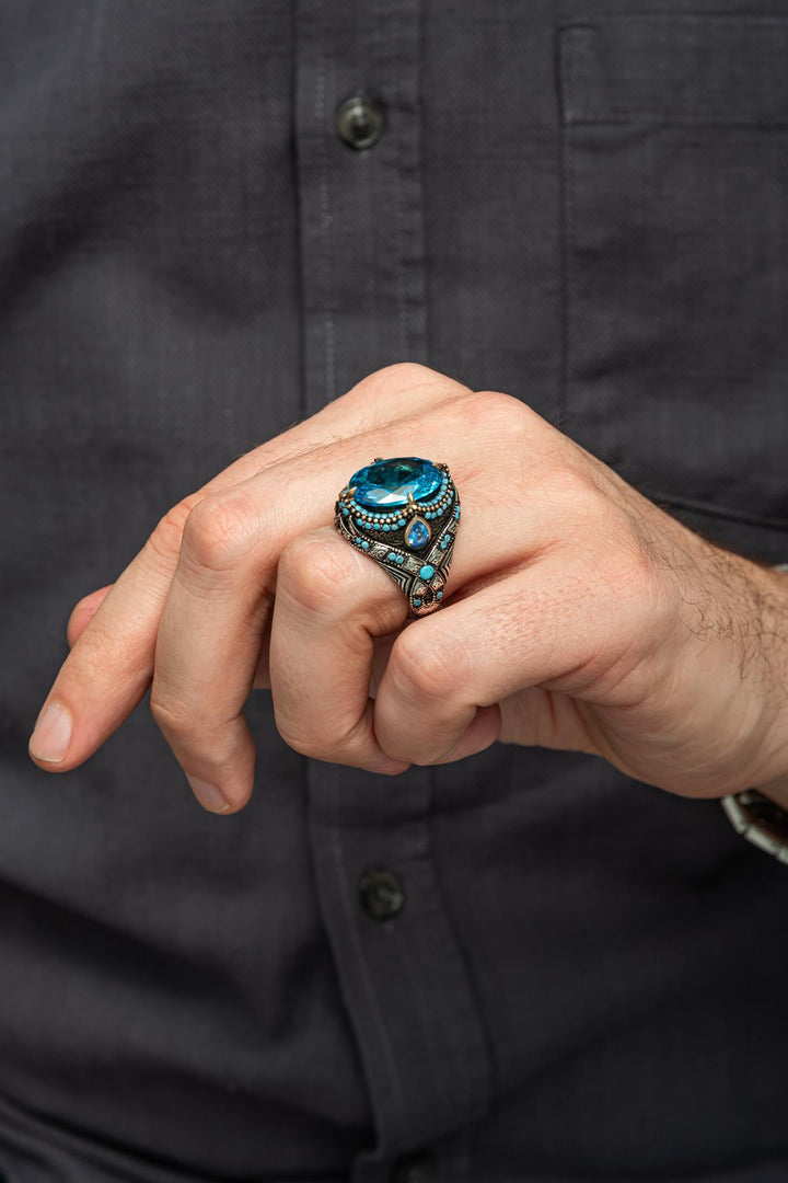 خاتم فضة رجالي فاخر 925 بحجر أكوامارين - تصميم مميز - متجر المارشال للخواتم الرجالية 3