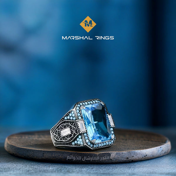 خاتم فضة رجالي ملكي 925 بحجر أكوامارين براق - متجر المارشال للخواتم الرجالية 1