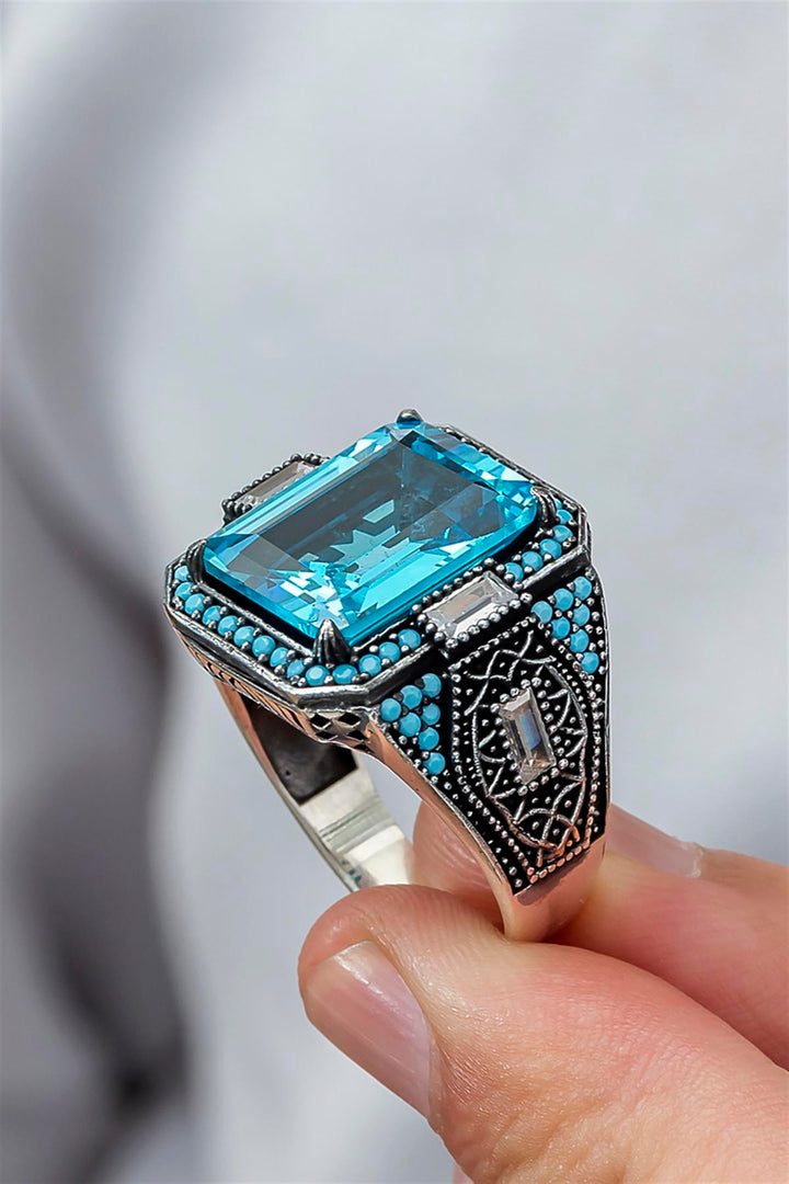 خاتم فضة رجالي ملكي 925 بحجر أكوامارين براق - متجر المارشال للخواتم الرجالية 2