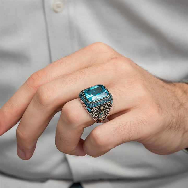 خاتم فضة رجالي ملكي 925 بحجر أكوامارين براق - متجر المارشال للخواتم الرجالية 3