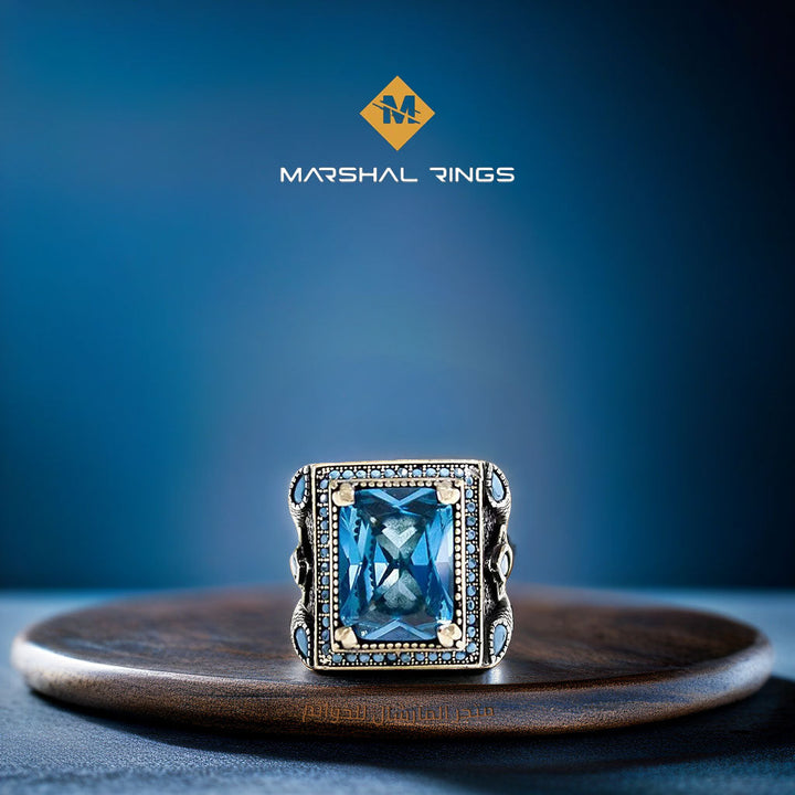 خاتم فضة رجالي مطلي روديوم 925 بحجر أكوامارين ولمسات ذهبية - متجر المارشال للخواتم الرجالية 2
