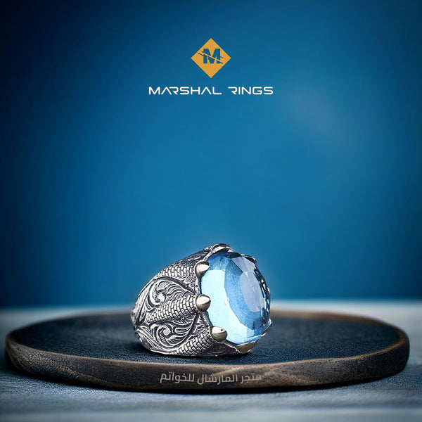 خاتم فضة رجالي بتصميم درع ملكي 925 بحجر أكوامارين - متجر المارشال للخواتم الرجالية 1