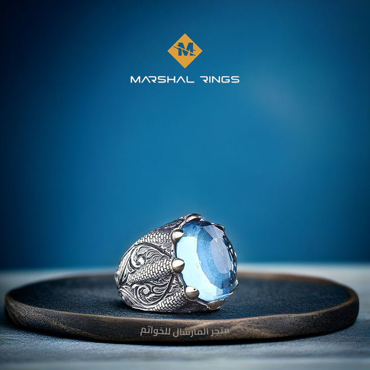 خاتم فضة رجالي بتصميم درع ملكي 925 بحجر أكوامارين - متجر المارشال للخواتم الرجالية 1