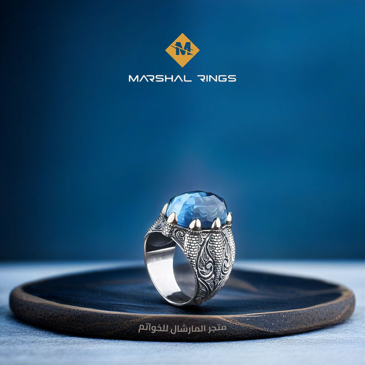 خاتم فضة رجالي بتصميم درع ملكي 925 بحجر أكوامارين - متجر المارشال للخواتم الرجالية 2