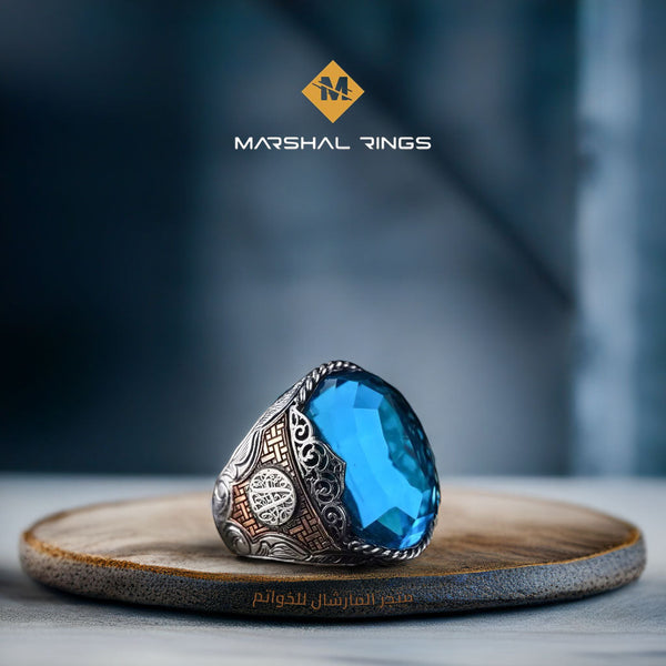 خاتم فضة رجالي بتصميم عثماني 925 بحجر أكوامارين - متجر المارشال للخواتم الرجالية 1