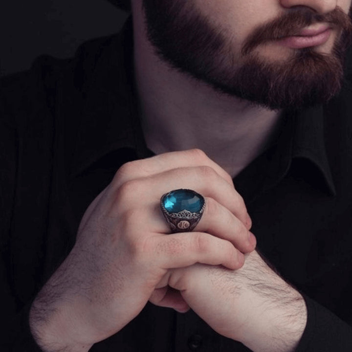 خاتم فضة رجالي بتصميم عثماني 925 بحجر أكوامارين - متجر المارشال للخواتم الرجالية 4