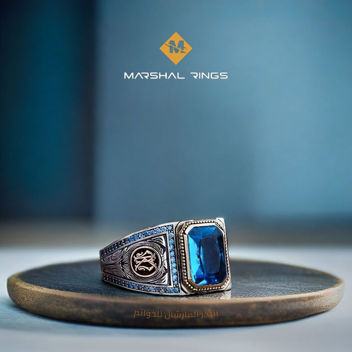 خاتم فضة رجالي أنيق 925 بحجر أكوامارين فاخر - متجر المارشال للخواتم الرجالية 1