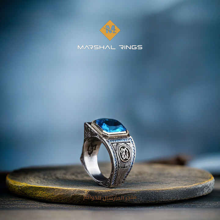 خاتم فضة رجالي أنيق 925 بحجر أكوامارين فاخر - متجر المارشال للخواتم الرجالية 2