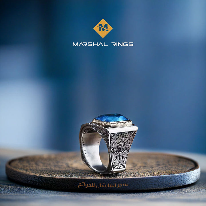 خاتم فضة رجالي أنيق 925 بحجر أكوامارين فاخر - متجر المارشال للخواتم الرجالية 3