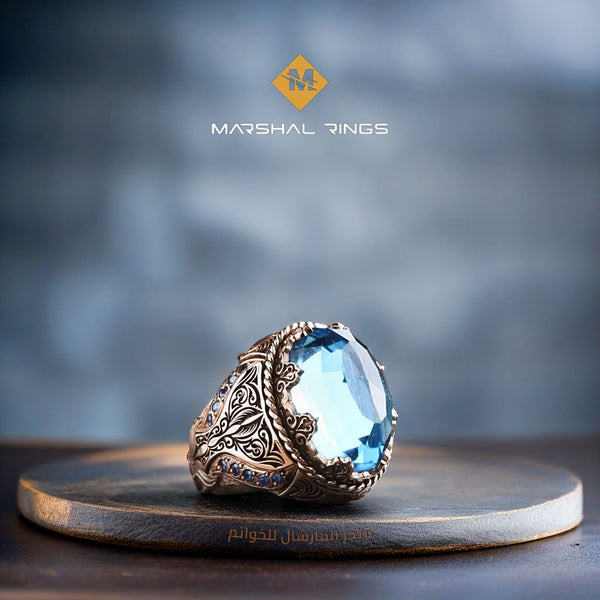 خاتم فضة رجالي ملكي 925 بحجر أكوامارين وزخارف يدوية - متجر المارشال للخواتم الرجالية 1