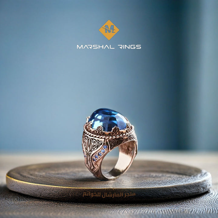 خاتم فضة رجالي ملكي 925 بحجر أكوامارين وزخارف يدوية - متجر المارشال للخواتم الرجالية 2