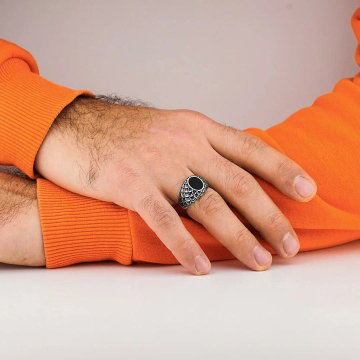 خاتم فضة رجالي  925 عصري بتصميم حزام ساعة وحجر أونيكس أسود - متجر المارشال للخواتم الرجالية 2