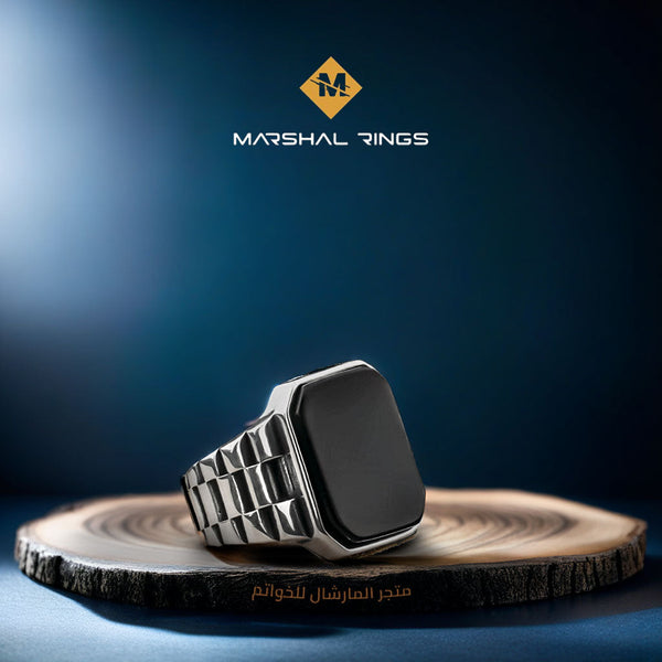 خاتم فضة رجالي  925 عصري بتصميم حزام ساعة وحجر أونيكس أسود - متجر المارشال للخواتم الرجالية 1