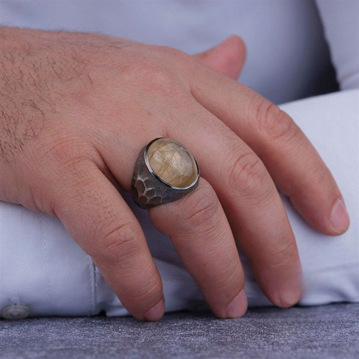 Men's 925 Silver Quartz Ring with Rutilated Quartz Stone, Hammered ...