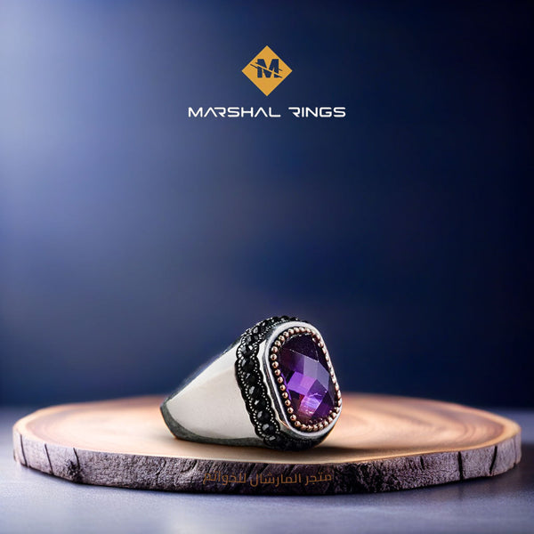 خاتم فضة رجالي بحجر جمشت أرجواني - أناقة وحكمة (عيار 925) - متجر المارشال للخواتم الرجالية 1