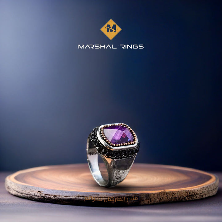 خاتم فضة رجالي بحجر جمشت أرجواني - أناقة وحكمة (عيار 925) - متجر المارشال للخواتم الرجالية 2