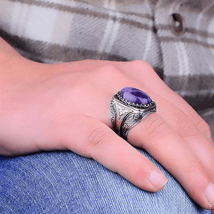 خاتم فضة رجالي أنيق بحجر جمشت طبيعي - أصالة وفخامة (عيار 925) - متجر المارشال للخواتم الرجالية 2