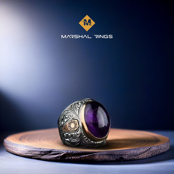 خاتم فضة رجالي مرصع بحجر جمشت بيضاوي - تصميم فريد (عيار 925) - متجر المارشال للخواتم الرجالية 1
