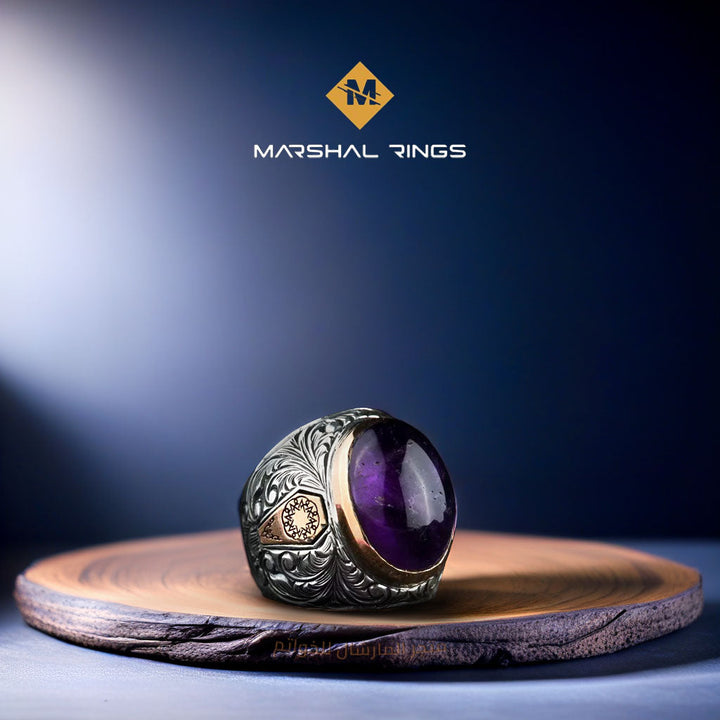 خاتم فضة رجالي مرصع بحجر جمشت بيضاوي - تصميم فريد (عيار 925) - متجر المارشال للخواتم الرجالية 1