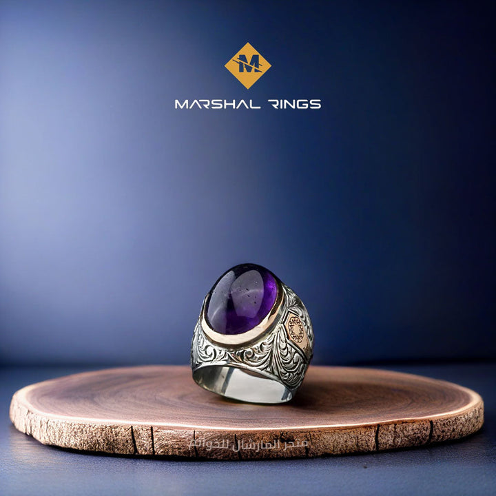 خاتم فضة رجالي مرصع بحجر جمشت بيضاوي - تصميم فريد (عيار 925) - متجر المارشال للخواتم الرجالية 2