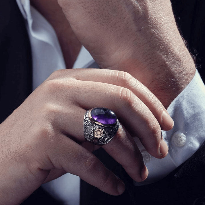 خاتم فضة رجالي مرصع بحجر جمشت بيضاوي - تصميم فريد (عيار 925) - متجر المارشال للخواتم الرجالية 3