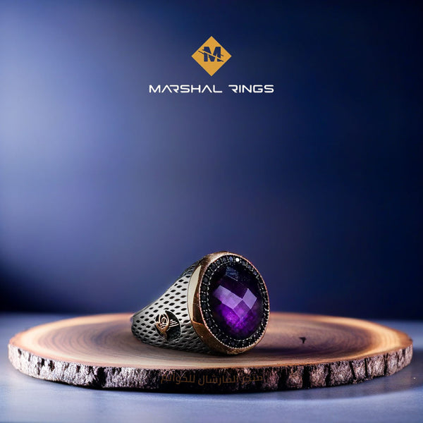 خاتم فضة رجالي مرصع بحجر جمشت - تصميم دائري أنيق (عيار 925) - متجر المارشال للخواتم الرجالية 1
