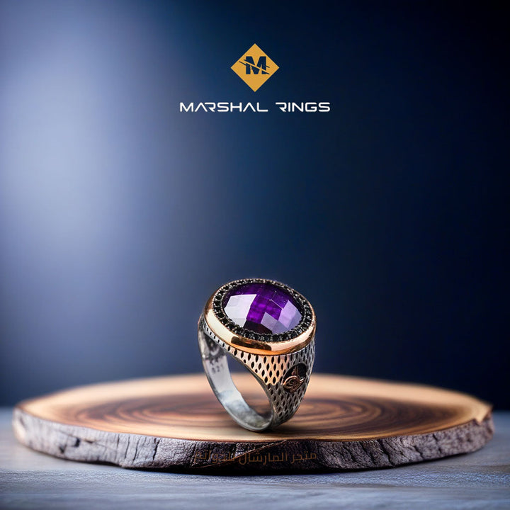 خاتم فضة رجالي مرصع بحجر جمشت - تصميم دائري أنيق (عيار 925) - متجر المارشال للخواتم الرجالية 2