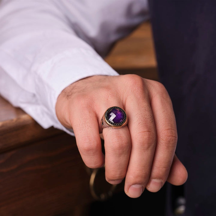 خاتم فضة رجالي مرصع بحجر جمشت - تصميم دائري أنيق (عيار 925) - متجر المارشال للخواتم الرجالية 3