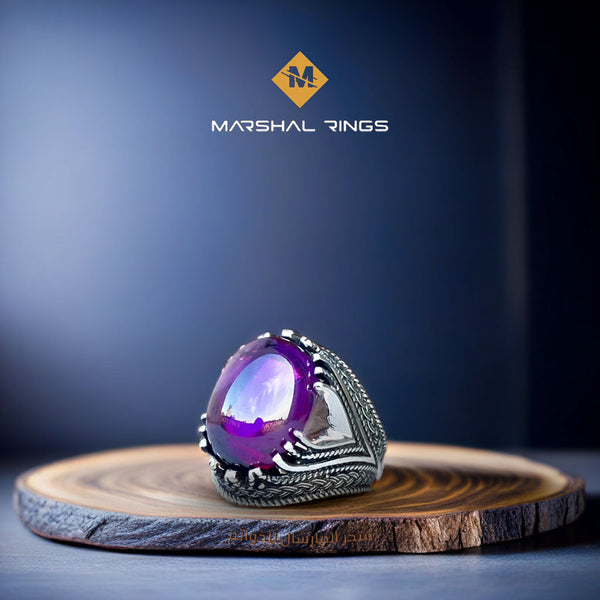 خاتم فضة رجالي بحجر جمشت بيضاوي - تصميم أنيق (عيار 925) - متجر المارشال للخواتم الرجالية 1